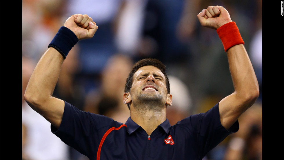 Novak Djokovic of Serbia celebrates match point during his men's singles quarterfinal match against Juan Martin del Potro of Argentina on Thursday, September 6.