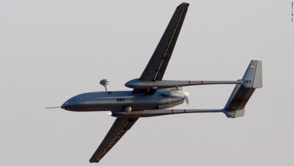 An Israeli Hermes 500 UAV flies over the Hatzerim air force base near Beersheva, Israel, during an air show at the graduation ceremony of Israeli pilots on June 30, 2011. 