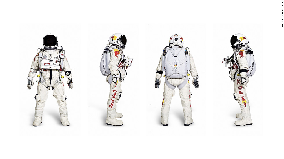 Baumgartner's pressurized flight suit and helmet restrict mobility and together weigh 100 pounds.