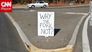 This sign appeared Wednesday after the city of Carlsbad removed the fork from the intersection.