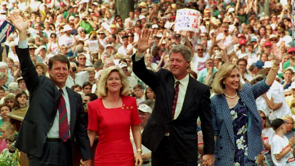 Al Gore, Tipper Gore, Bill Clinton and Hillary Clinton wave to supporters at the Chautauqua Institution in Chautauqua, New York, after they gave speeches on family values on August 23, 1992.