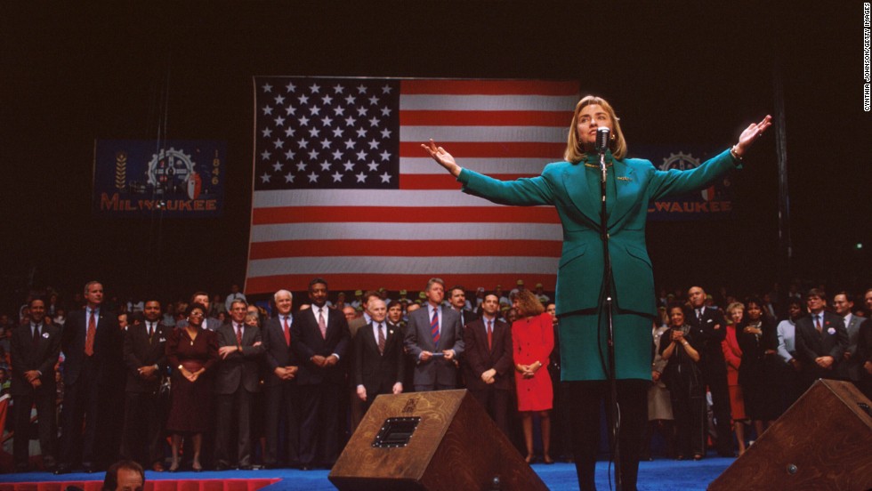 Clinton gestures at a campaign rally November 3, 1992, in Denver. After taking office, President Clinton chose his wife to head a special commission on health care reform, the most significant public policy initiative of his first year in office.