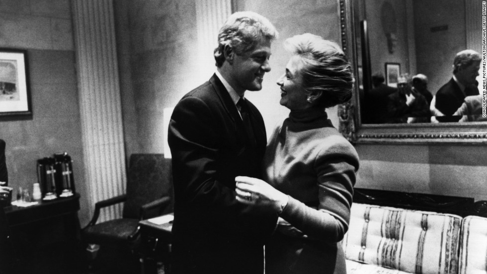 Bill and Hillary Clinton have a laugh together on Capitol
Hill in 1993.