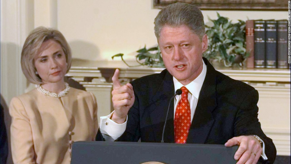 Hillary Clinton looks on as President Clinton discusses the
Monica Lewinsky scandal in the Roosevelt Room of the White House on January
26, 1998.