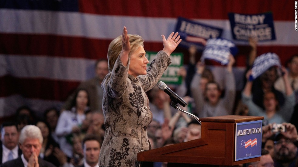 Clinton speaks during a post-primary rally on January 8, 2007, at
Southern New Hampshire University in Manchester, New Hampshire.