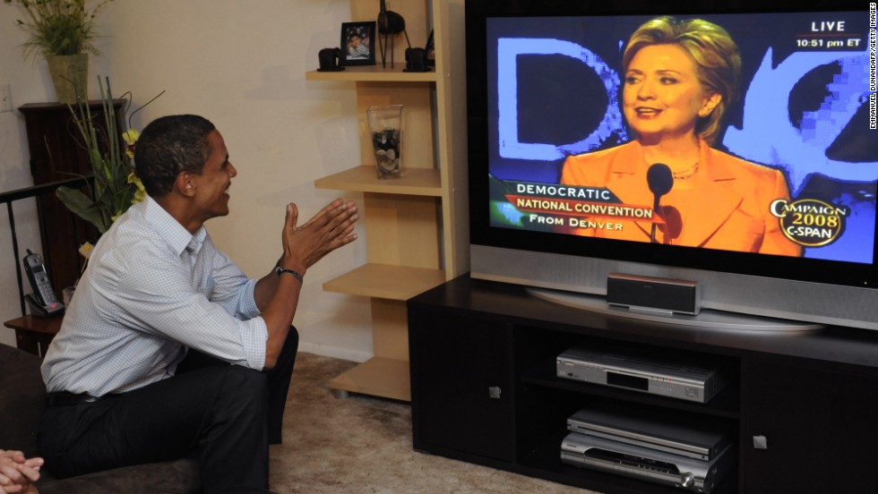 Obama watches Clinton address the Democratic National Convention on August 26, 2008. The two endured a long, heated contest for the 2008 nomination.