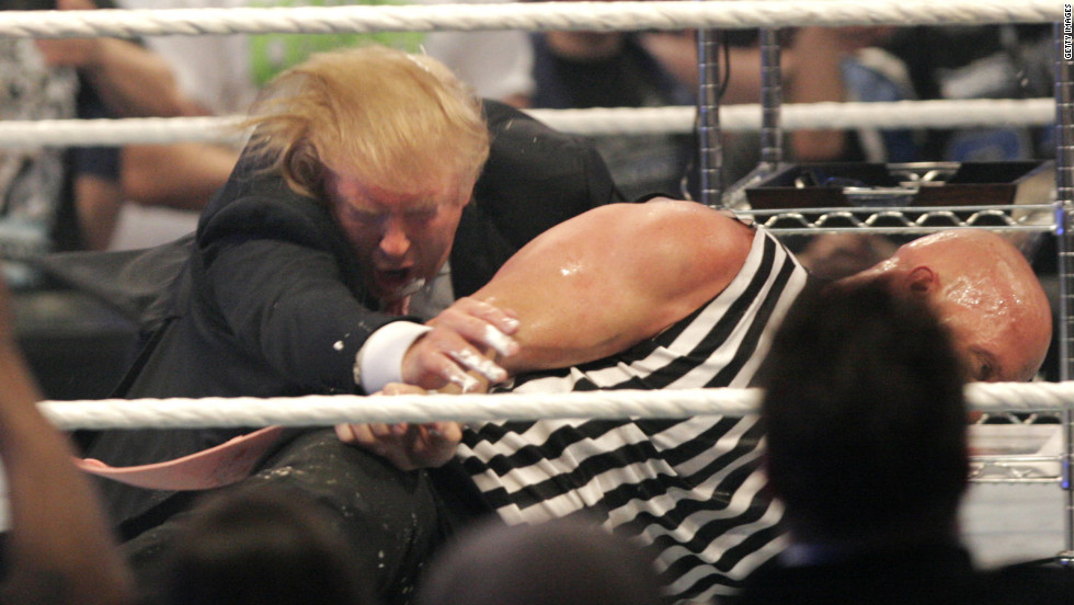 Trump wrestles with &amp;quot;Stone Cold&amp;quot; Steve Austin at WrestleMania in 2007. Trump has close ties with the WWE and its CEO, Vince McMahon.
