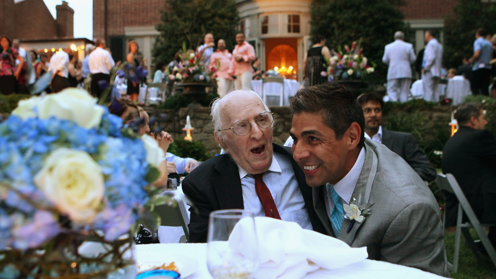 In 2010, television reporter Roby Chavez, right, shares a moment with gay rights activist Frank Kameny during Chavez and Chris Roe&#39;s wedding ceremony in the nation&#39;s capital. Same-sex marriage became legal in Washington in March 2010.