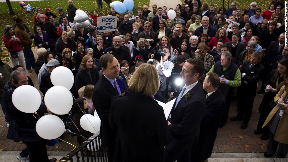 Michael Miller, left, and Ross Zachs marry on the West Hartford Town Hall steps after same-sex marriages became legal in Connecticut on November 12, 2008.