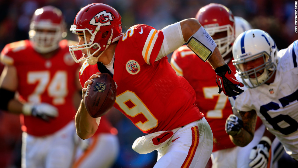 Quarterback Brady Quinn of the Kansas City Chiefs scrambles against the Indianapolis Colts at Arrowhead Stadium on Sunday in Kansas City, Missouri.