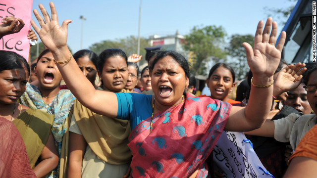 Indian students of various organisations hold placards as they shout slogans during a demonstration in Hyderabad on January 3, 2013. 