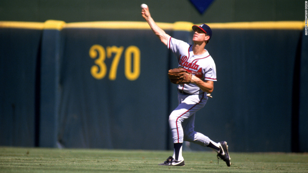 Dale Murphy of the Atlanta Braves throws the ball to the infield during a game against the San Diego Padres in 1987.