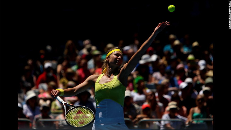 Maria Kirilenko of Russia serves in her third-round match against Yanina Wickmayer of Belgium on January 19.