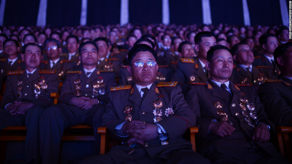 North Korean military personnel watch a performance in Pyongyang in April 2012.