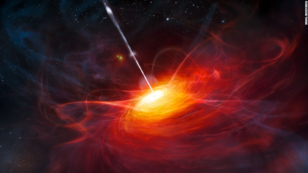 Some of the most breathtaking images in the night sky come from quasars. This artist&#39;s rendering displays the quasar&#39;s luminance, which is brighter than a billion suns. The beam is matter being shot into space.