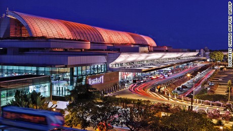 A night time shot of Terminal One at Singapore Changi Airport.