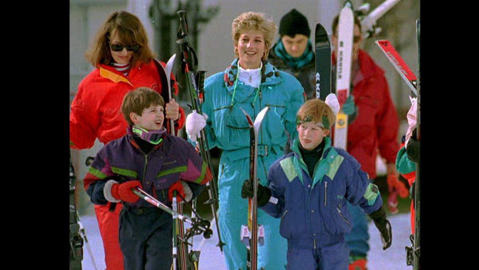 Princess Diana and Prince Harry are accompanied by family friend Catherine Soames and her son, Harry, during a skiing trip in Lech, Austria, on March 24, 1994.