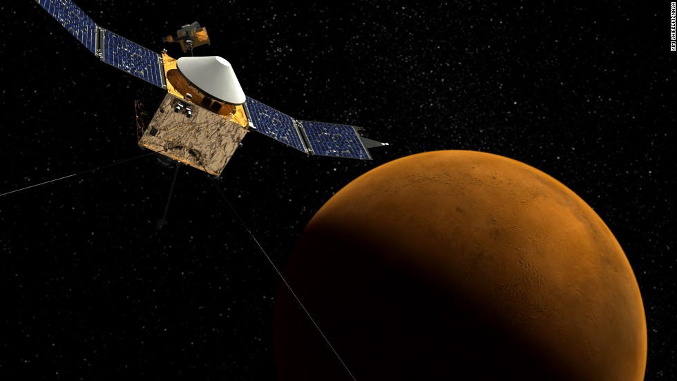 A new NASA spacecraft called MAVEN, short for Mars Atmosphere and Volatile Evolution, will help scientists figure out what happened to the red planet&#39;s atmosphere. Its elliptical orbit will allow it to pass through and sample the entire upper atmosphere of Mars. This drawing shows MAVEN orbiting Mars.