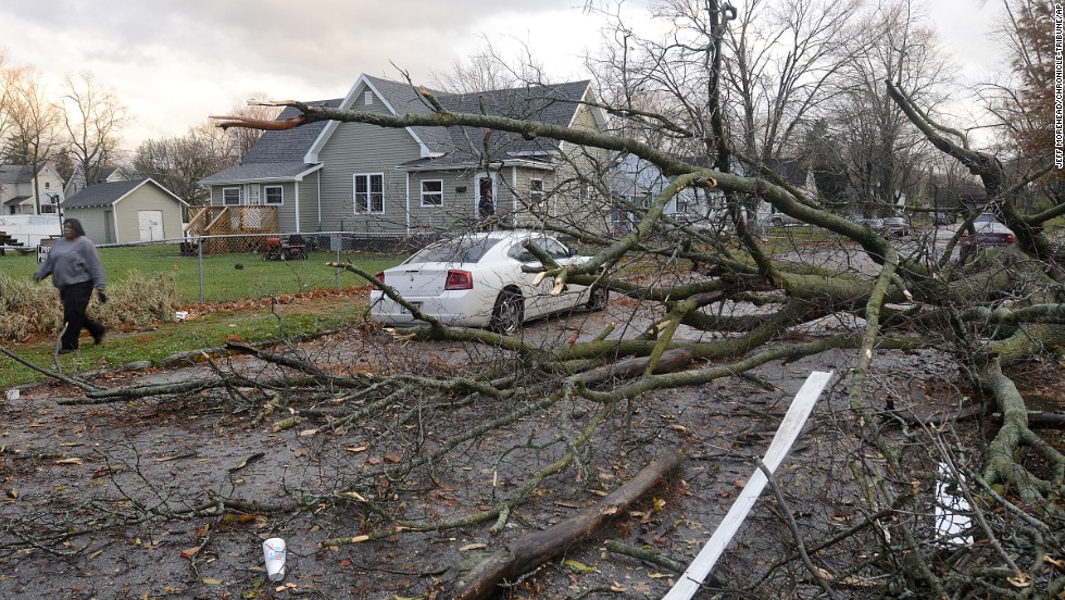 A fallen tree blocks traffic on November 17 in Marion, Indiana.