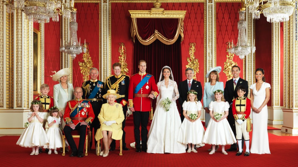 The British royal family poses for a portrait in the Throne Room at Buckingham Palace in London on April 29, 2011.