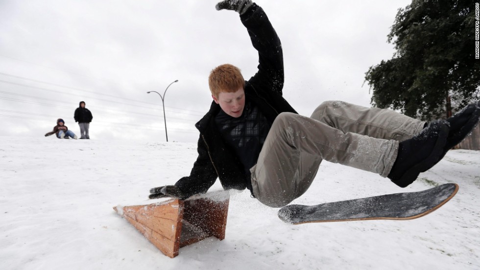 Matthew Eller catches air after sliding down a hill and jumping a ramp in Arlington, Texas, on December 6.