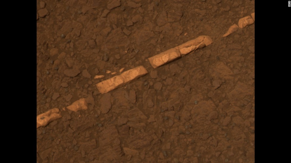 Opportunity found bright veins of a mineral that appeared to be gypsum. The vein shown here is informally called Homestake. The mineral is deposited by water. It and other deposits that look similar are in an area where sulfate-rich and volcanic bedrock meet -- at the rim of Endeavour Crater, where Opportunity is currently located.