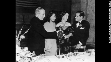 Luise Rainer, second from left, is seen at the 1937 ceremony with, from left, Louis B. Mayer, Louise Tracy and Frank Capra. Rainer won for "The Great Ziegfeld."