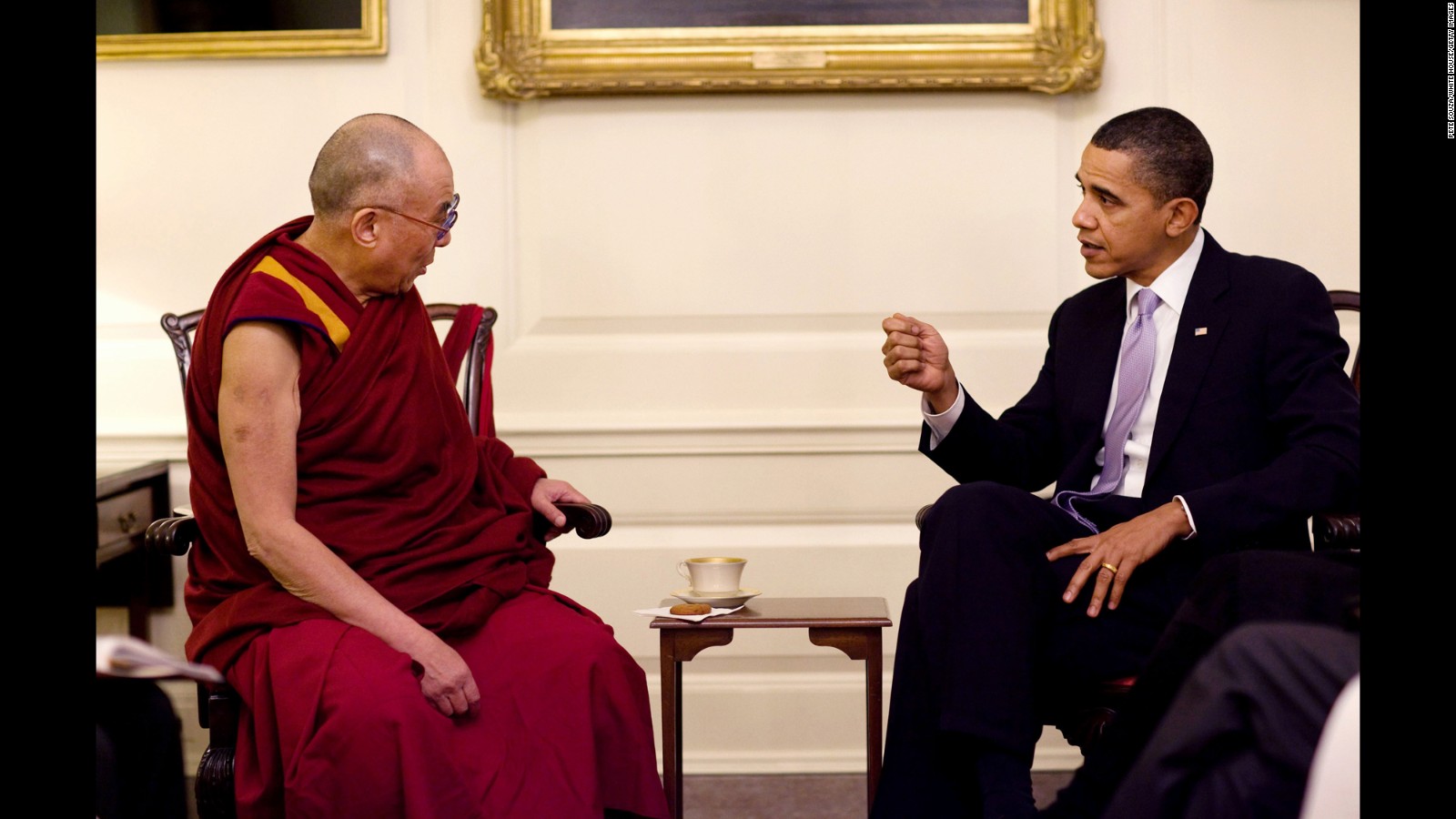 President Barack Obama meets with His Holiness the Dalai Lama in the Map Room of the White House, February 18, 2010.