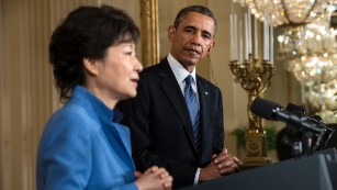 South Korean President Park Geun-hye meets US President Obama in 2013, shortly after taking power.