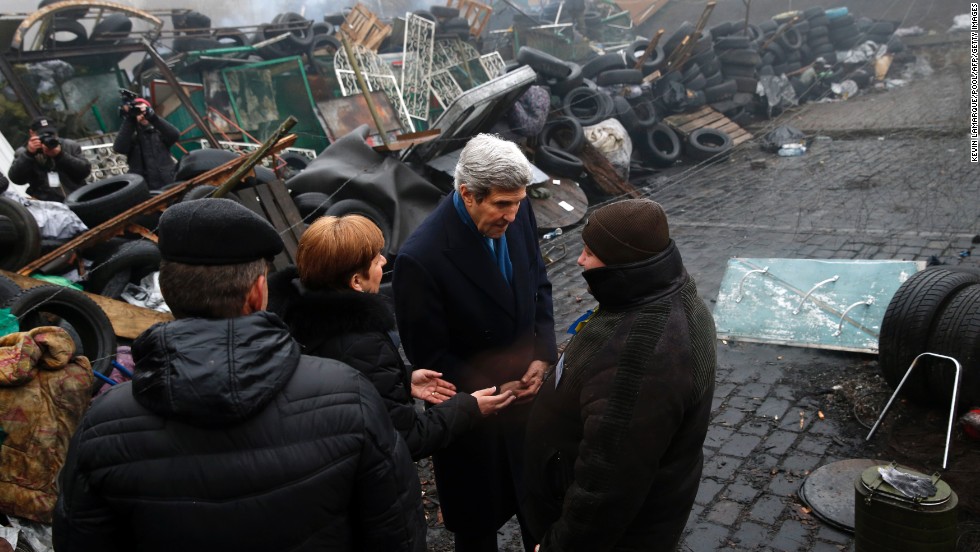 Kerry stands beside a barricade at the Shrine of the Fallen in Kiev, Ukraine, in March 2014. It was part of his trip to Europe in search of a diplomatic solution to the crisis in Ukraine.
