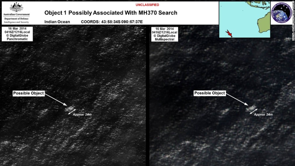 Satellite imagery provided by the Australian Maritime Safety Authority on March 20, 2014, shows debris in the southern Indian Ocean that could be from Flight 370. The announcement by Australian officials that they had spotted something raised hopes of a breakthrough in the frustrating search.<br />