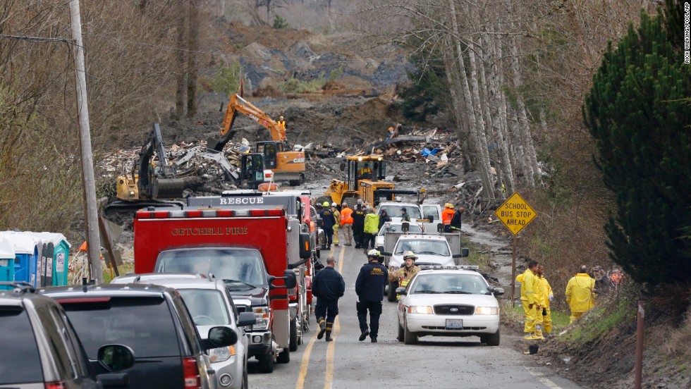 Emergency vehicles fill State Route 530 leading to the scene of the landslide in Oso on Wednesday, March 26.