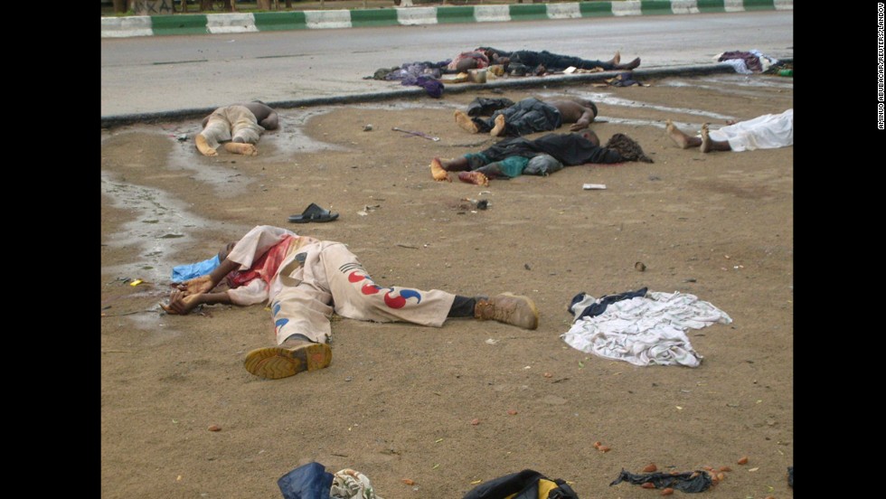 Bodies lie in the streets in Maiduguri, Nigeria, after religious clashes on July 31, 2009. Boko Haram exploded onto the national scene in 2009 when <a href="http://www.cnn.com/2012/01/02/world/africa/boko-haram-nigeria/index.html">700 people were killed </a>in widespread clashes across the north between the group and the Nigerian military.