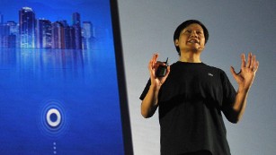 Xiaomi CEO Lei Jun speaks at the launch of a new Xiaomi smartphone in Beijing late last year. The company's phones outsell the Apple iPhone in China.