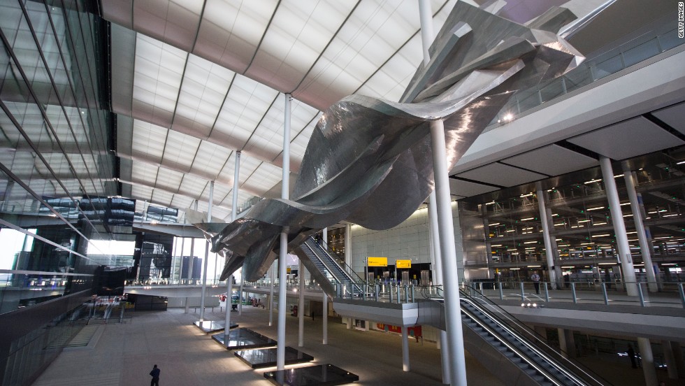 Europe&#39;s busiest airport, Heathrow came in at number 8 on this year&#39;s list. Terminal 2, pictured, features British artist Richard Wilson&#39;s &#39;Slipstream&#39; piece.