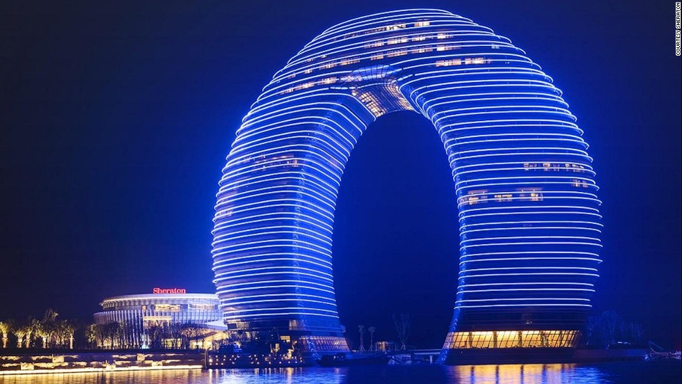 A horseshoe may be seen as lucky for some and comedic fodder for others. The $1.5 billion Sheraton in Huzhou, Zhejiang province is famed for its unusual design. 