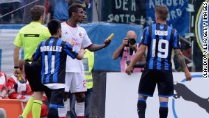 AC Milan defender Kevin Constant is enraged after a banana is thrown onto the pitch during his side&#39;s 2-1 defeat at Atalanta.