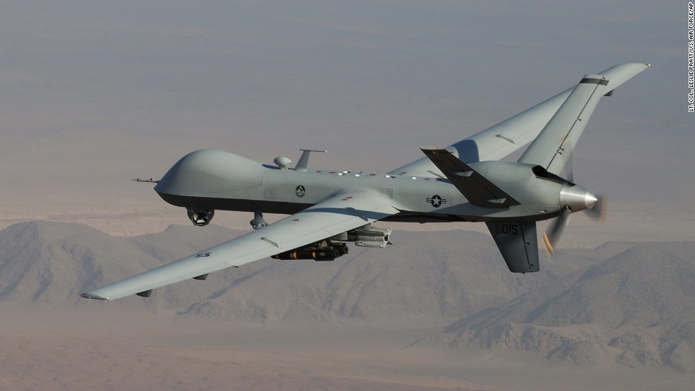 An MQ-9 Reaper, armed with laser-guided munitions and Hellfire missiles, flies a combat mission over southern Afghanistan. The Reaper has been in use since 2007.