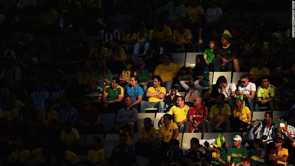 Fans look on from a spot of sunlight during the match between Iran and Nigeria.