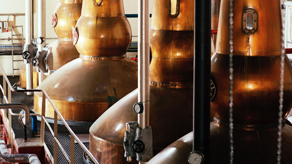 The copper Balvernie whisky stills in Speyside, Scotland