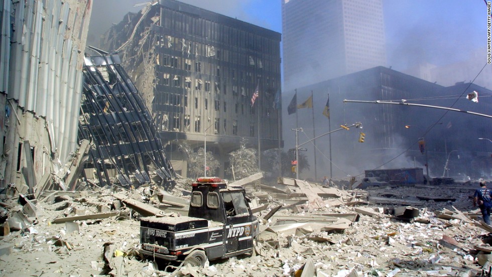 A police scooter sits in the rubble in lower Manhattan September 11, 2001.