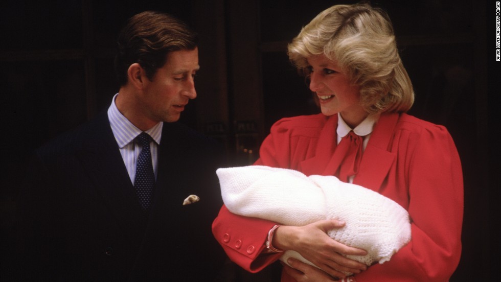 Prince Charles and Princess Diana leave St. Mary&#39;s Hospital on September 16, 1984, with newborn Prince Harry. 