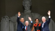 From left, President Obama, Carter, first lady Michelle Obama and Clinton wave from the steps of the Lincoln Memorial on August 28, 2013. It was the 50th anniversary of the March on Washington, which is best remembered for Martin Luther King Jr.'s "I Have a Dream" speech.