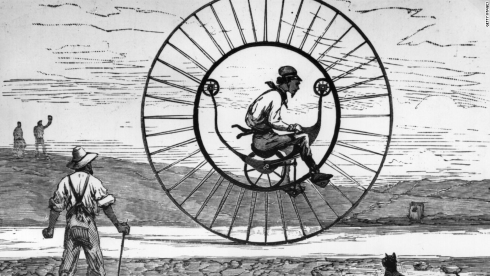 A monocycle invented by Langmark and Stuef of California from 1895, consisting of a cycle moving within a large wheel. One-wheeled transport has traditionally been difficult to steer.