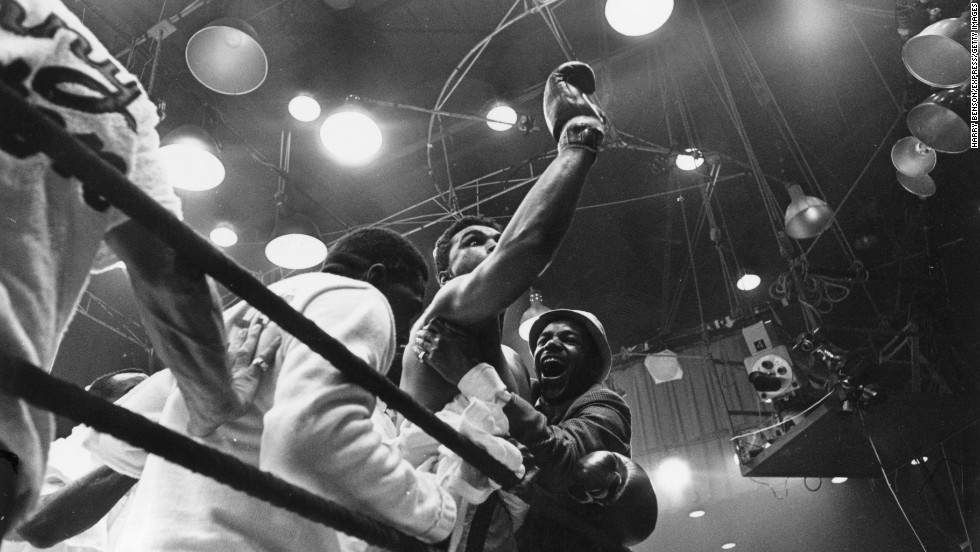 Ali celebrates after defeating Liston in Miami on February 25, 1964. Upon becoming world heavyweight champion for the first time, Ali proclaimed, &quot;I am the greatest!&quot;