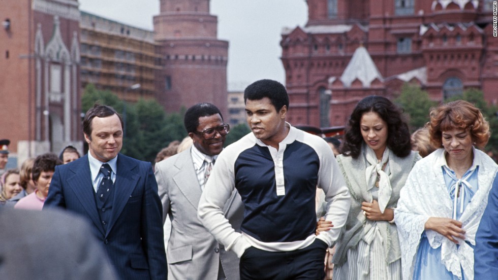 Ali and his third wife, Veronica, second from right, visit the Kremlin in Moscow in June 1978. The two were married from 1977 to 1986. Ali has been married four times.