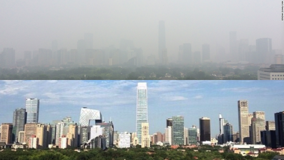 Images taken from CNN&#39;s Beijing bureau on November 6, when the sky was blue during the APEC summit, and on November 19 when the smog returned. 