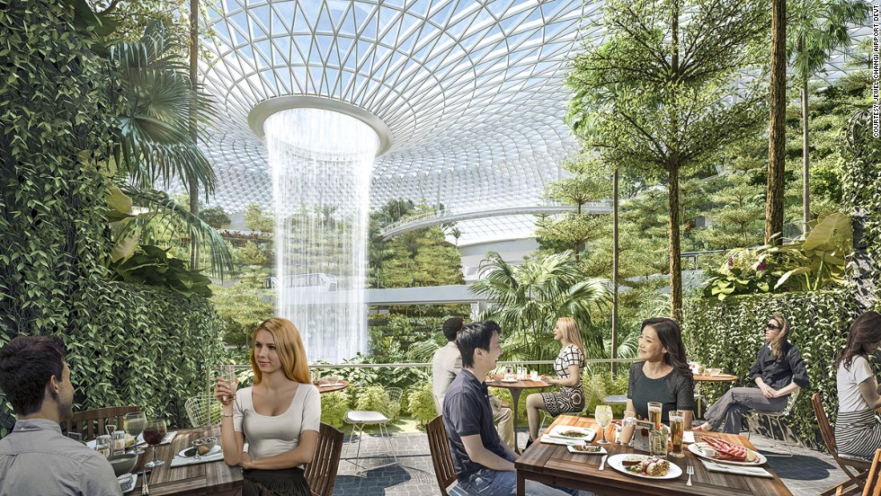 Changi&#39;s new leisure complex will have 90 food and drink outlets, some with waterfall view patios. 