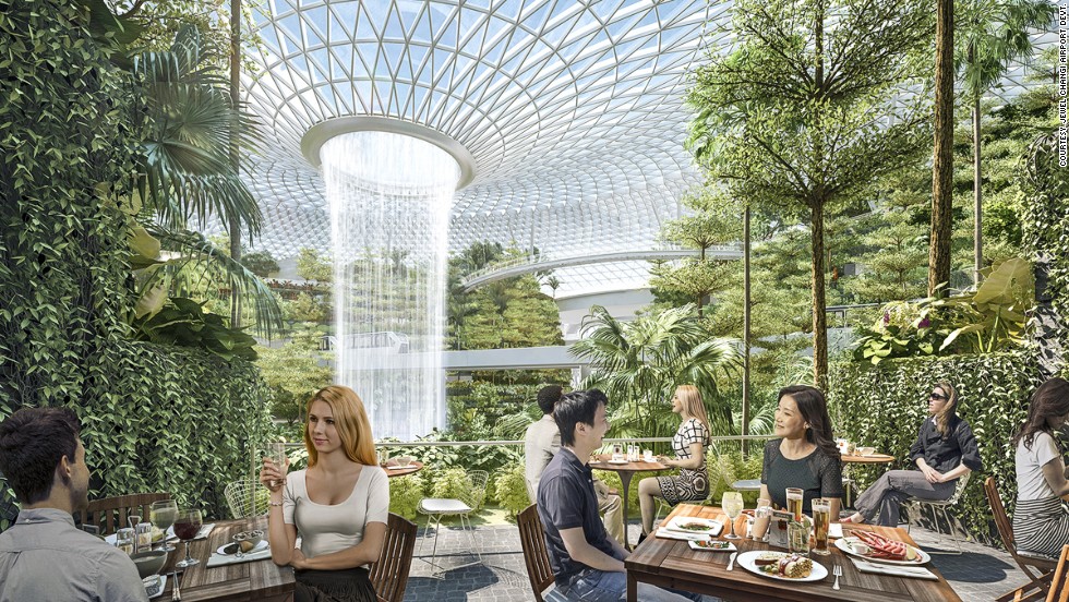Changi's new leisure complex will have 90 food and drink outlets, some with waterfall view patios.