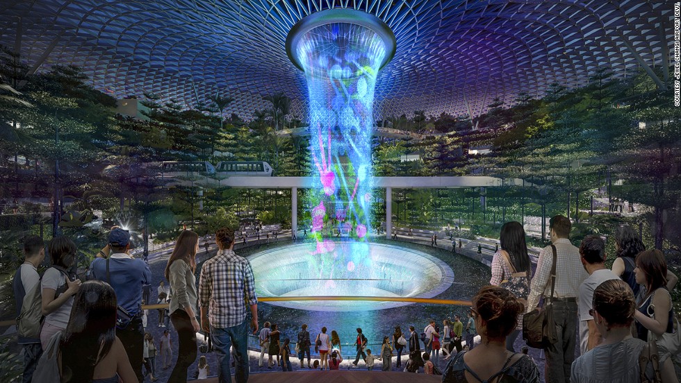 Rain Vortex will be the world&#39;s tallest indoor waterfall when completed. At night it will be transformed by light and sound show.